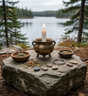 Altar with cauldron and runes