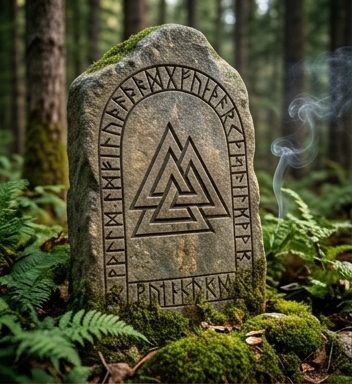 Carved runestone with a Valknut symbol