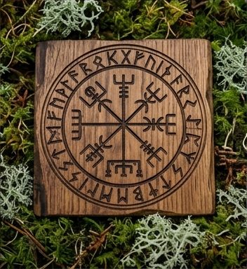Hand-carved wooden Vegvisir
